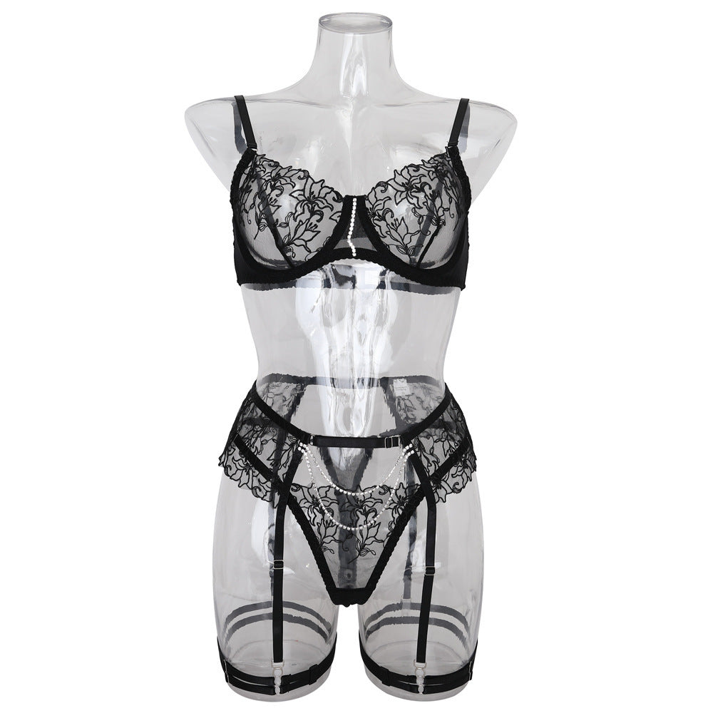 Conjunto de sujetador y ropa interior con bordado de flores y cadena para mujer