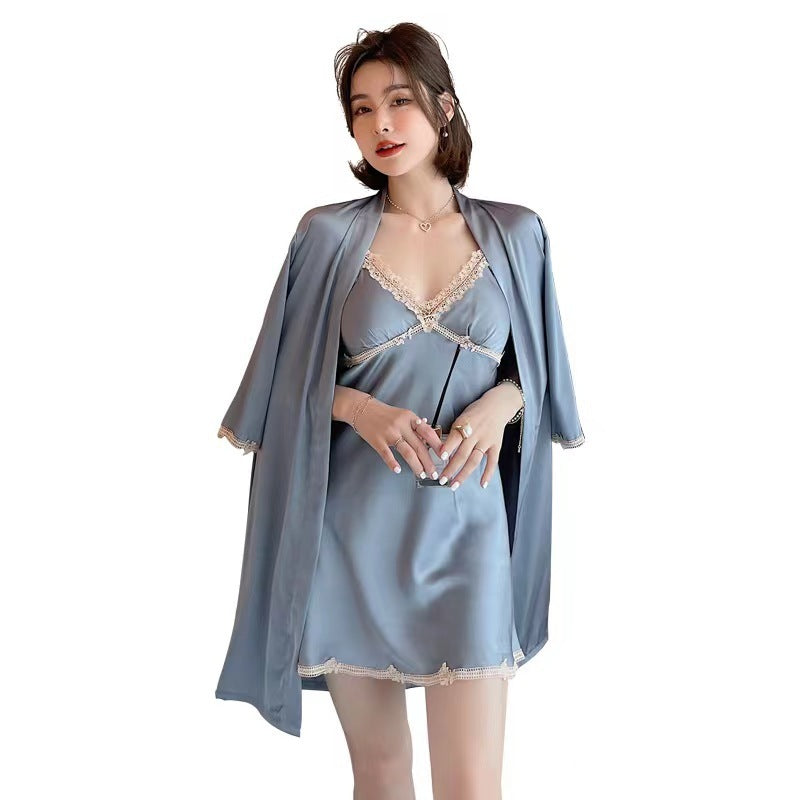 Pijama de mujer de seda helada con espalda descubierta y encaje de dos piezas