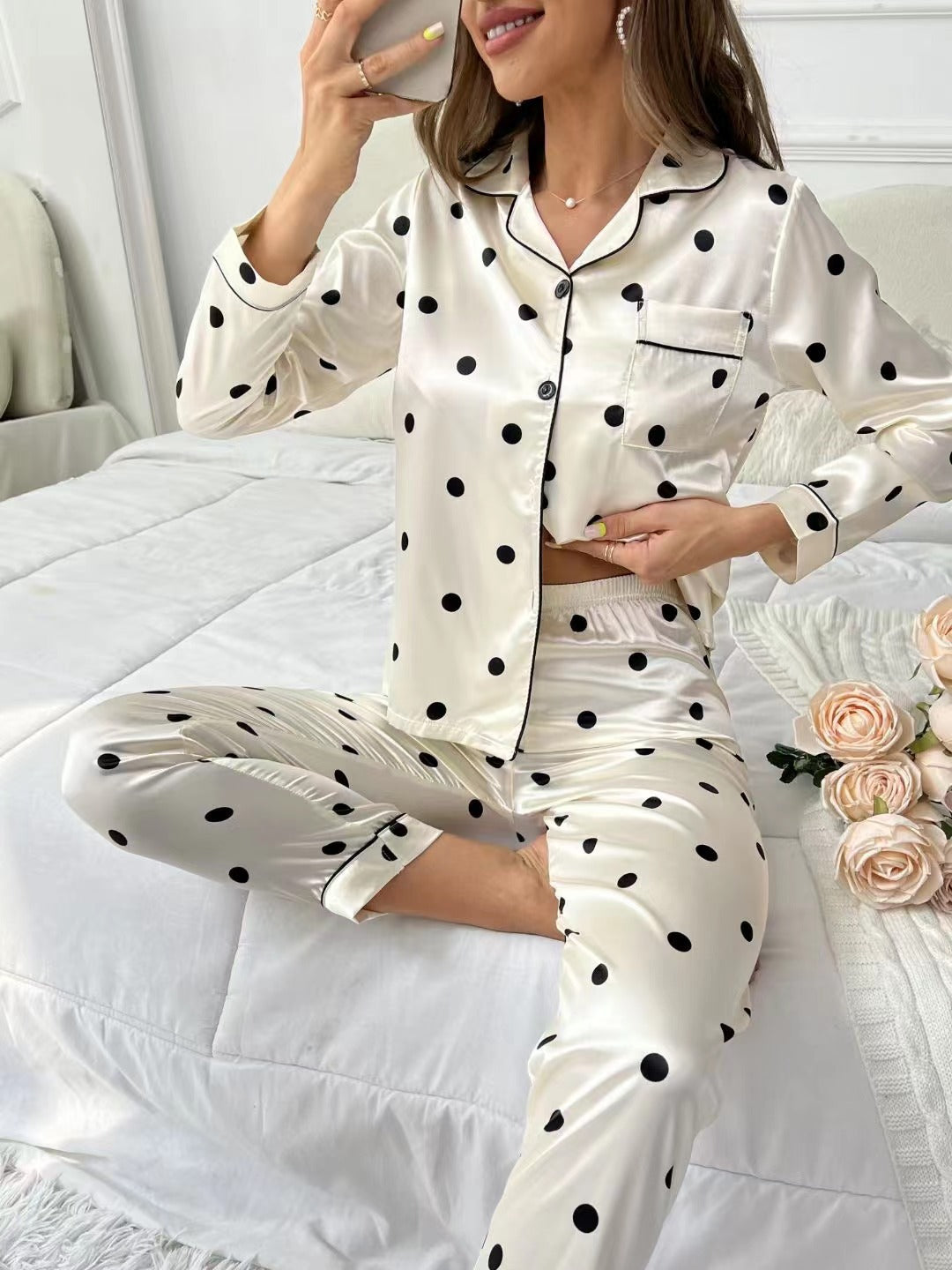 Pijamas de mujer dulce lujo 5050 solapa de seda artificial