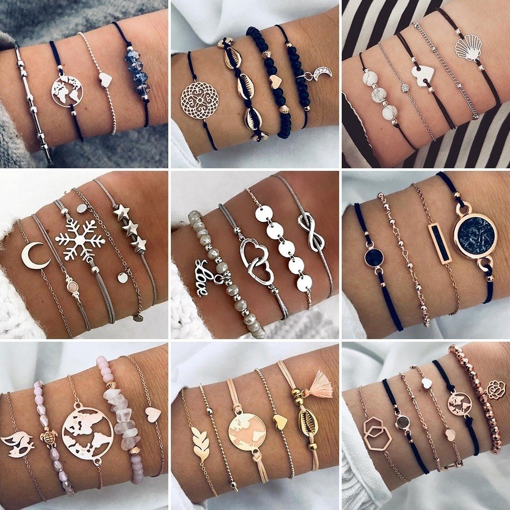 Conjunto de pulseras y brazaletes bohemios con cuentas vintage