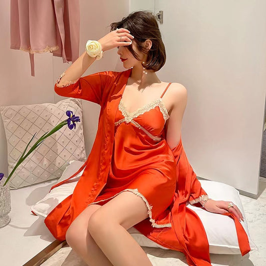 Pijama de mujer de seda helada con espalda descubierta y encaje de dos piezas