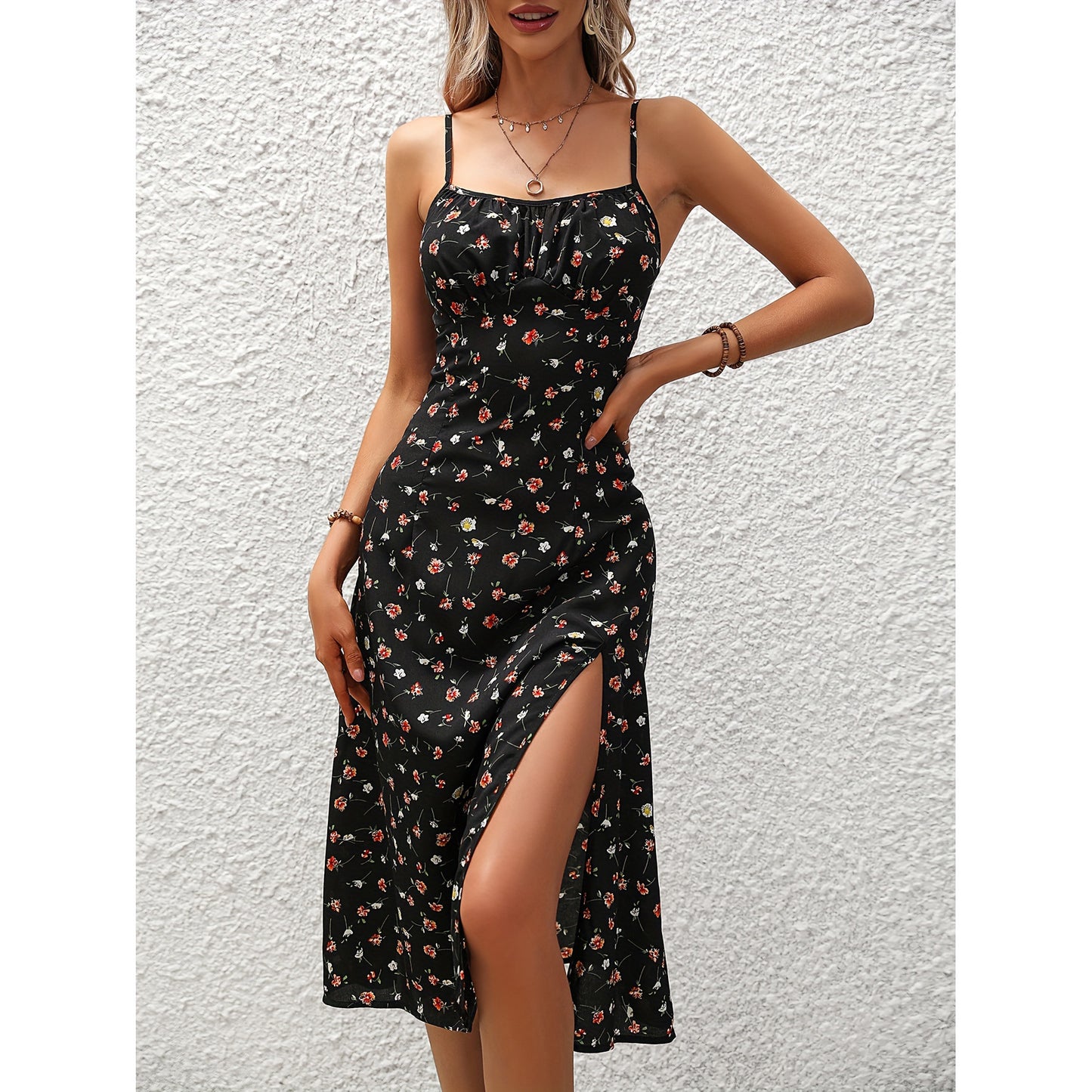 Vestido con tirantes y estampado de lunares, vestidos largos con abertura para verano