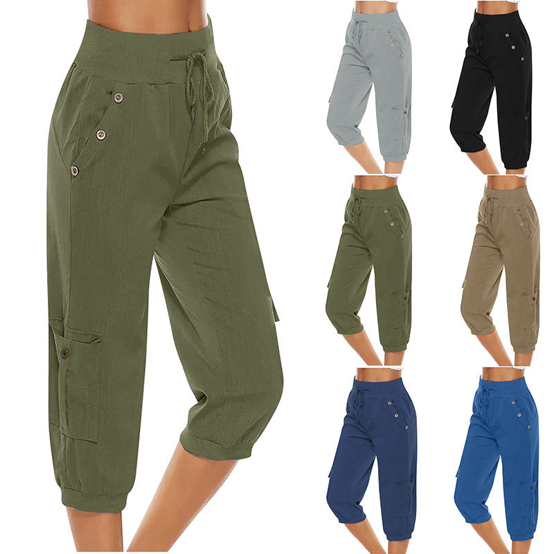 Pantalones casuales con bolsillo cargo de lino y algodón