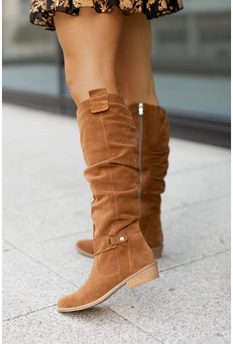 Botas altas de mujer de gamuza con cremallera lateral de tacón bajo de otoño e invierno