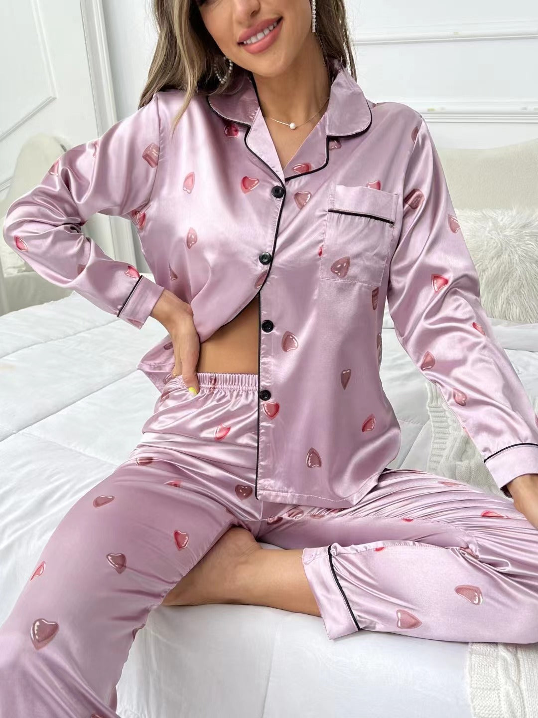 Pijamas de mujer dulce lujo 5050 solapa de seda artificial