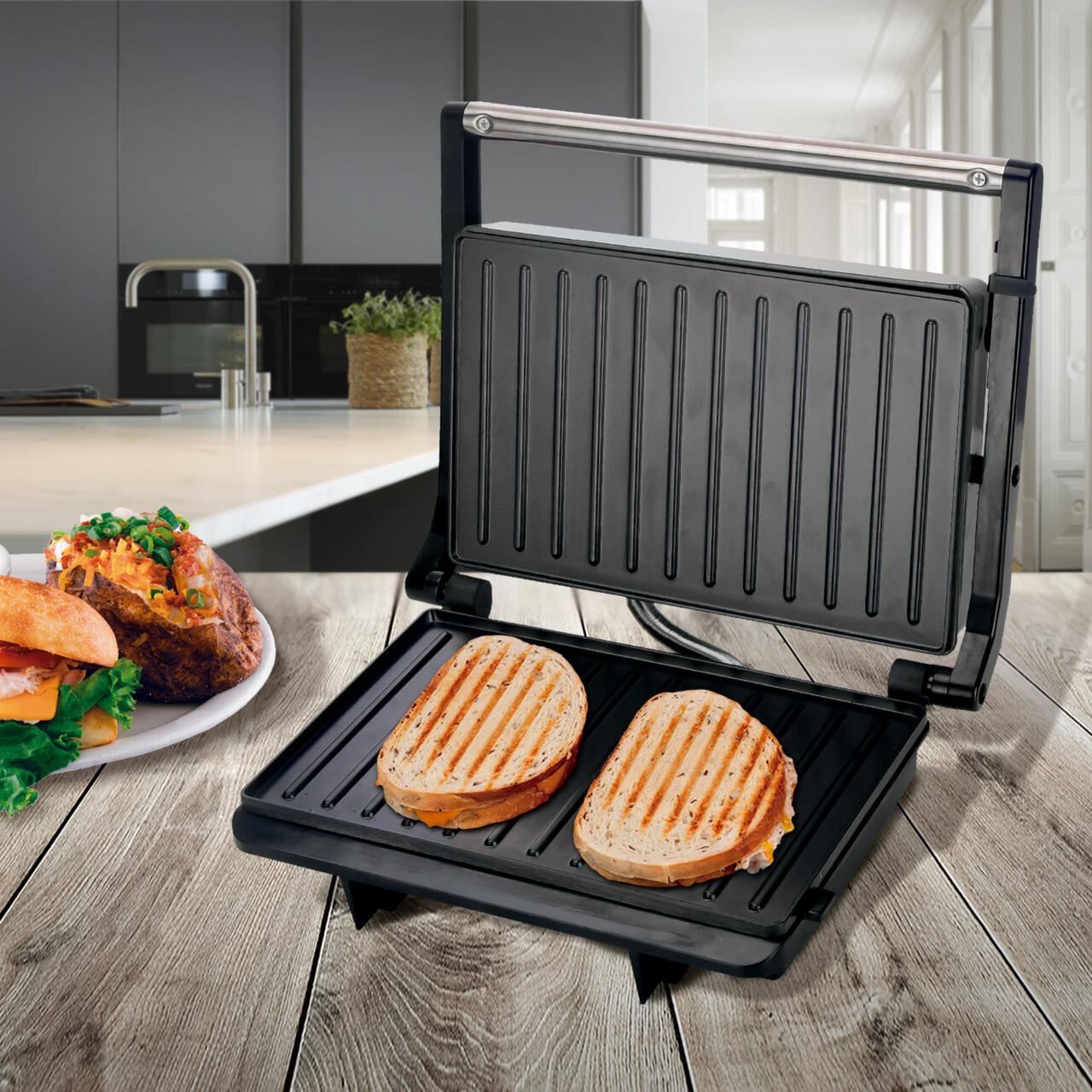 Grill Parrilla Eléctrica Sandwichera toast con Revestimiento Antiadherente